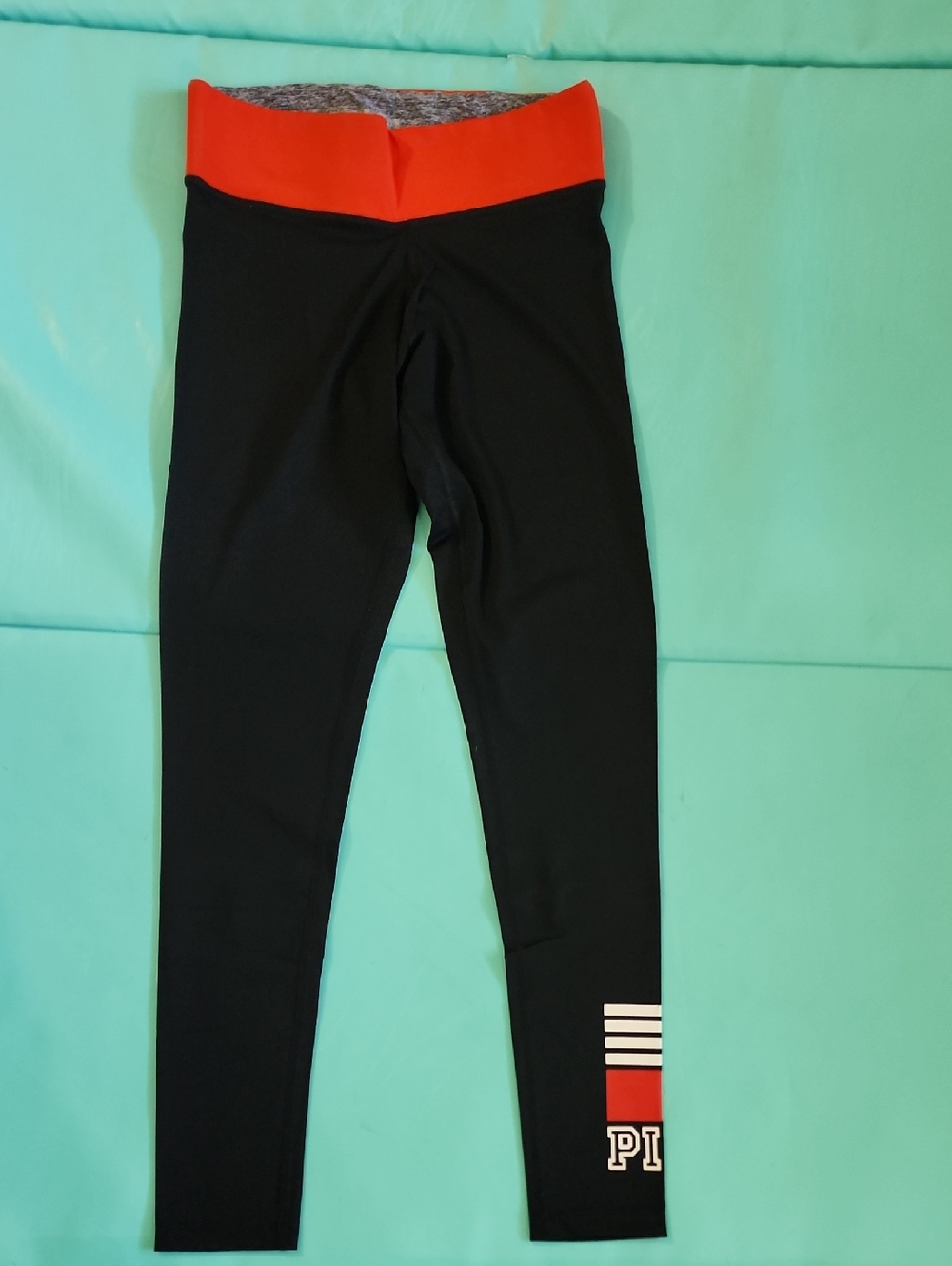 PINK Victoria's Secret Black Yoga Pants with Red Waistband and Logo
